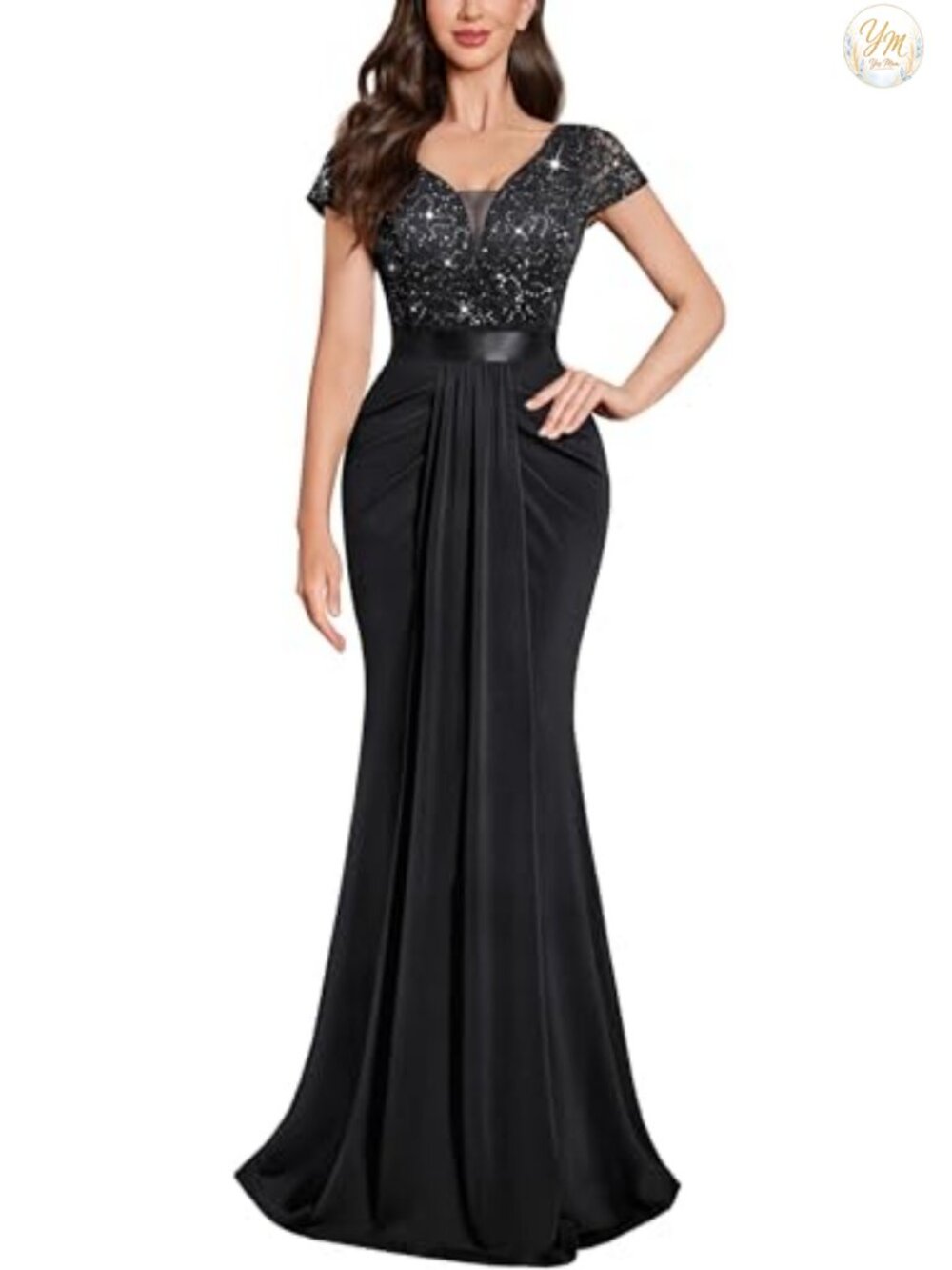V-Neck Lace Sequin Pleated Evening Formal Maxi Dress